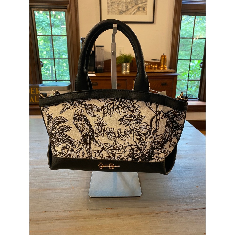 Jessica Simpson Nora Satchel Black White Bird Toile Whimsical Botanical Bag